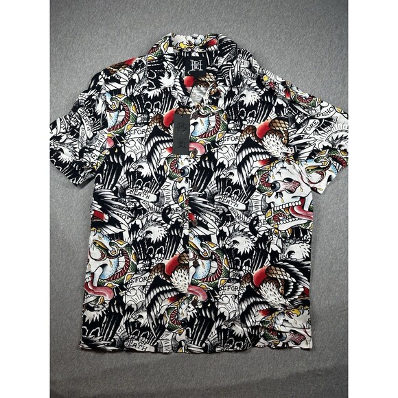 ED HARDY‎ Men’s TATTOO DEATH BEFORE DISHONOR BUTTON UP SHORT SLEEVE SHIRT SIZE S - Picture 1 of 6